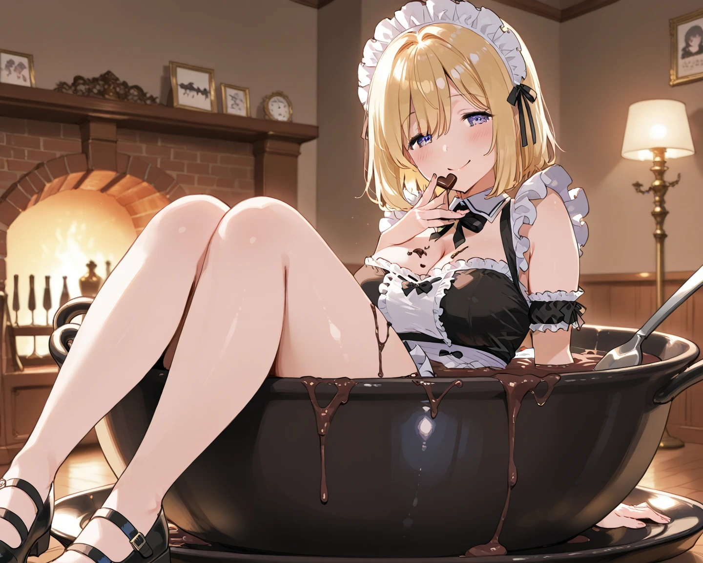 Masterpiece, best quality, super detailed, illustration, medium view, beautiful detailed eyes, ((far view, wide angle 1.31)), on the outside, a girl, white hair, pink bow, sexy, facing face, big breasts, cleavage, big breasts, blushing, masturbation, lying, lie on bathtub, Grab your own breasts, Spread your legs, bare legs, Raise your legs, underboob, visible bellybutton,