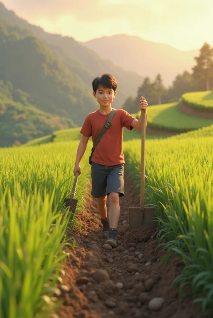 A boy is cutting paddy in the morning