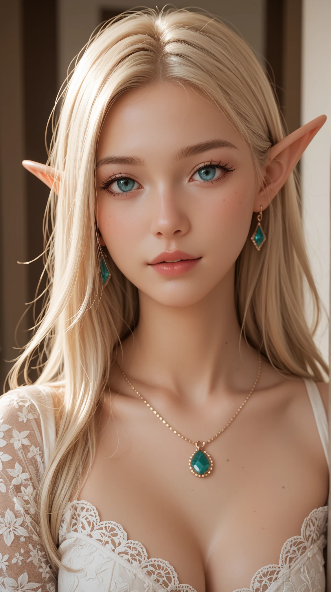 (masutepiece, Best Quality, awardwinning, hight resolution), One Beautiful Female Elf, cleavage, tall, skinny, Light blonde hair, Complex and beautiful design, extremely detailed beautiful face, Triangular face, Rest in the stream, forest, Leaf flow, Windy, Sunshine in the forest, Epic fantasy art, colorful art, Dynamic lighting, Cinematic lighting, Hyper realistic, Very CG detail, Octane Render