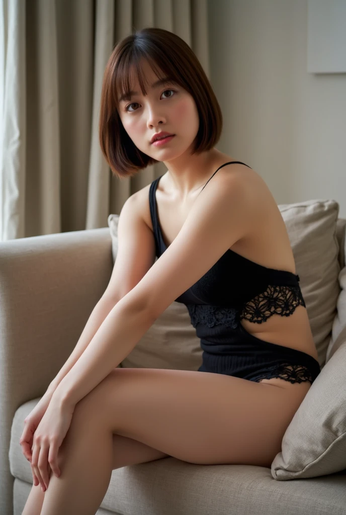 (masterpiece, best quality:1.2), 1girl, solo, asian, woman, freckles, black unederwear, skinny, ((full body))