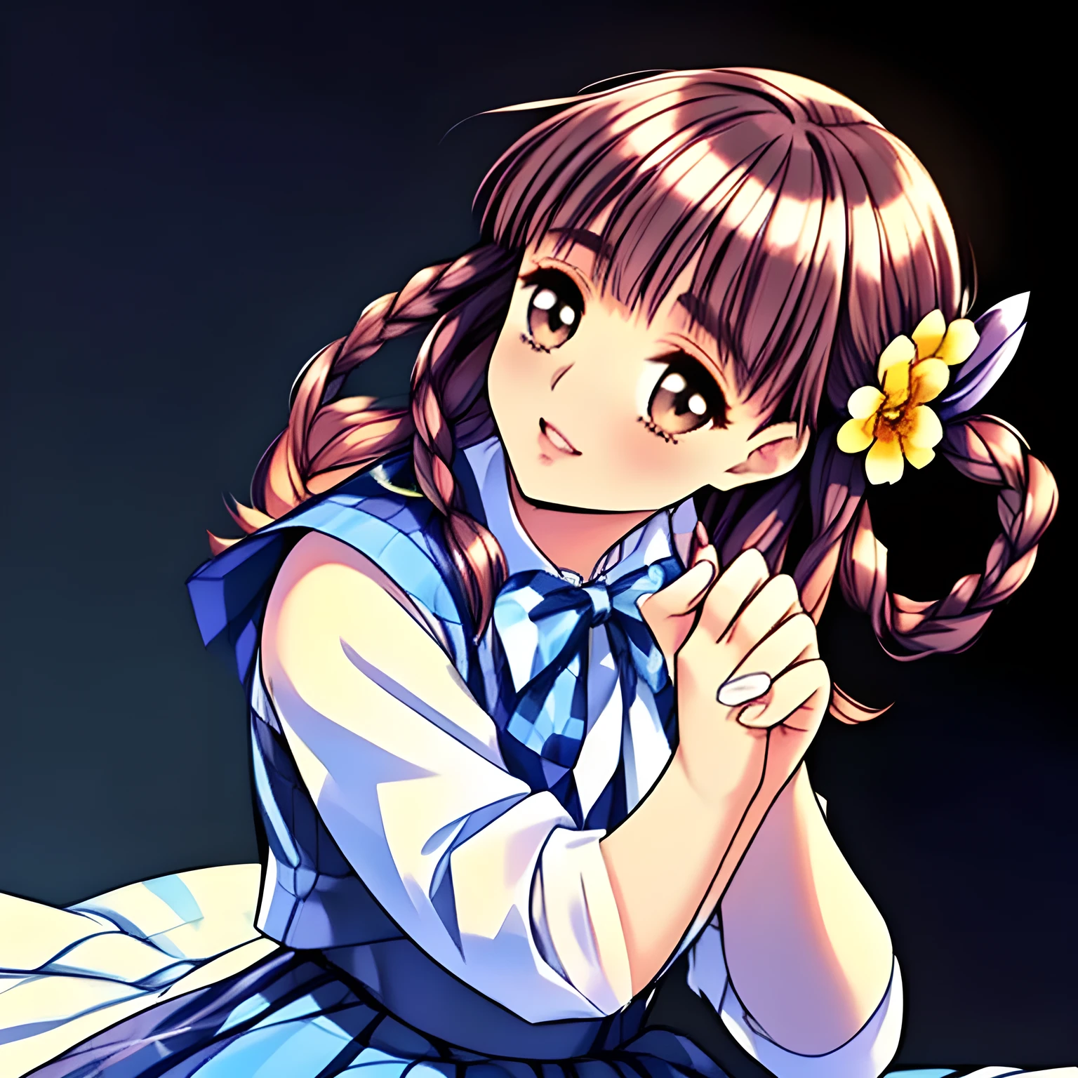(highest quality, masterpiece, clearly detailed:1.5), ((highest quality)), ((High resolution)), (So cute face, most beloved, neatest elder knowledgeable ((completely perfect beautifully grown and evolved with grace, but bewitching mind like noble succubus)), noble beautiful beautiful fashion models with detailed, ((svelte silhouette)), Cloistered beauty, Pristine atmosphere, with beautiful hands and fingers, 160cm height, with detailed: 1.4), (laughing white shiny face with unreal beauty, overflowing with translucence and cute laugh at my lust (with deep pity), consoling me as if smelling flowers with beautiful hands and fingers from my side, beautiful lips, with detailed: 2.0), ((Neatest school winter vest-style uniform, pristine (white clean silk blouse with sleeves) under the dark navy-blue vest, and ((dark navy-blue & dark-blue shiny checker (Conservative middle-length) plaid pleats school skirt)), shiny-blue bow-tie, with detailed: 1.8)), (Beautiful brown (Japanese (dolly) popular fashion model's ((super-intelligent cool)) eyes): 1.5), (clearly detailed foreground: 1.9), ((purity and neatness of pristine school uniform is very impressing and refined): 1.8), (focus on her twin-braids hair and neat skirt: 1.9), (shiny brown twin-braids styled hair, bangs trimmed carefully: 1.7), (plain black background: 2.0), (ethereal ephemeral maiden, making unforgettable memory with me, Control the viewer to dream about their body continuously everyday: 2.0), (Promotion of lady's high-class cheat-strategy school to make men fall into love and realize deep allured desire by pure beauty and uniform: 1.8)