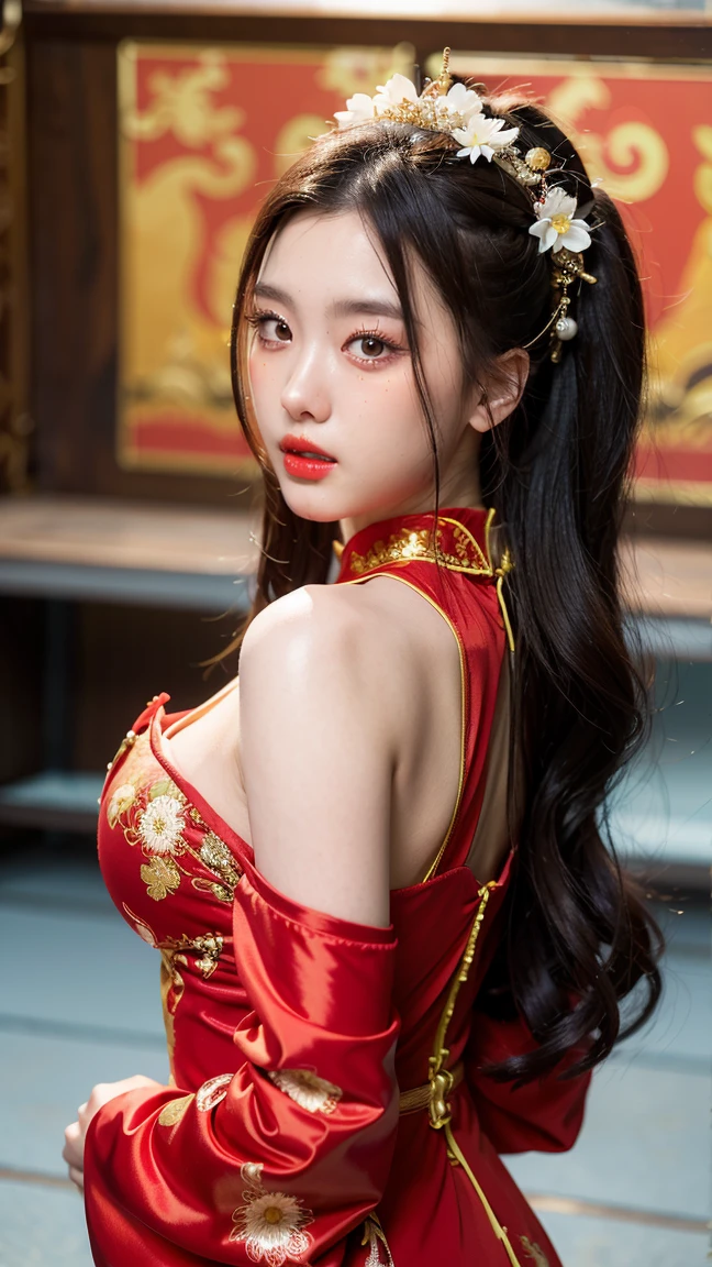 4K, UHD, masterpiece, solo girl, good face, detailed eyes, detailed lips, very long hair, straight hair, very long hair, beautiful hair, hair ornaments, hairband, sexy bun with ponytail hair, ((Chinese ancient bride dress), (photorealistic:1.5), (Realistic big breasts:1.35), (Slender six pack abs), (smile), ((NSFW:0)), ((busty Cleavage)), ((( enchanting body, red lipstick, stockings, Chinese courtyard, bold dress, sexy buttocks, d-cup, breast focus, closeup))), sardine, ornaments, necklace, earring, high lighting, depth of field, ray tracing, ultra-realistic detail