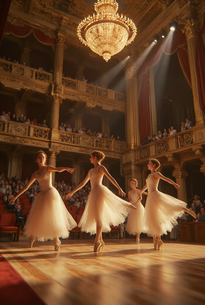 Three pretty, beautiful women perform an intensely synchronized dance in a large hall under a chandelier. The scene is grand and powerful, with dynamic shots capturing the energy and precision of their dance. Lighting includes flashing lights and dramatic color changes to enhance the dramatic effect.