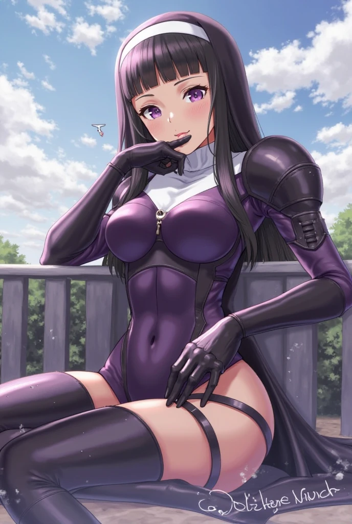 1girl, solo, ((black boots)), masterpiece, (high detail:1 1), Rough face, Natural skin, high quality, Sakura Haruno,black hair, (((very long hair))), ((bangs hair)), detailed hair,((French braid hair)), white eyes,(Big breasts:1.2 ),( smile:1.2),(arm behind head:1.5), Face blush,Sexy figure, perfect bodies, beautiful eyes, (Detailed face and eyes), (face: 1 2), voices, Extra, real photo, ... ... ........... PSD, sharp focus, contrast lighting, Delicate skin, High definition 8K, incredible details, realistic, professional photo shooting, 8K UHD, SLR camera, soft lighting , high high quality, film grain, Fujifilm XT3, magic, particle FX, (((she wears tight body suit, long sleeves))), (((lavender field))), looking at viewer, (((Show cameltoe))), ((full body)), ((standing)), gloves, nipples, (((front view))), ((standing full body))