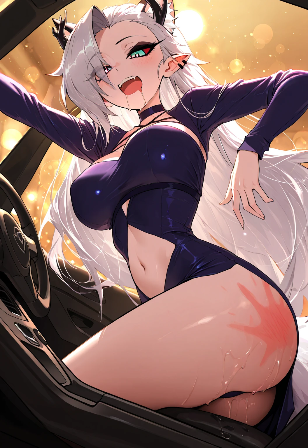 NSFW,masterpiece,Highest quality,High resolution,Super detailed,Shirakami Fubuki\(Hololive\),Gray Hair、One-sided braid、Ahoge、Earrings、Fox ears,Fox Tail,(Leather leotard),High leg,(Body Harness),Micro Mini Skirt,Fishnet tights,Embarrassed,Frustrated face,Lust,blush,Expecting face,(Ahegao),Smirking face,Love Hotel at Night,Luxurious Room,sofa,low table,sake,chandelier,(To flatter),want,Streaks,(Sex slave),(Middle-aged men),A man puts his hands on her waist and hugs her,Having sex,Insert the penis,Creampie,heart,Wet,(Squirting),Leg spread,Lying down,Lying on your back,Normal position,(Falling into Pleasure),Obedience,(Trembling),From above