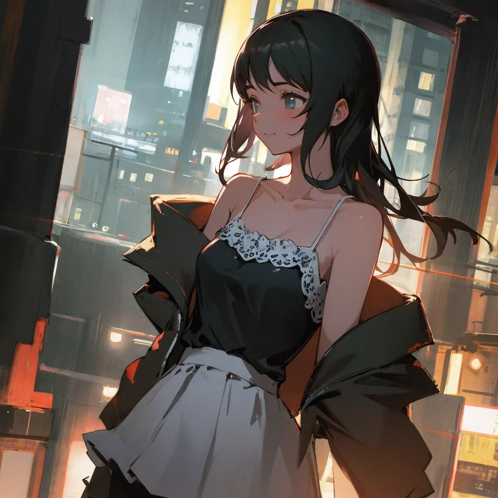 Anime girl in black dress walking down the street at night - SeaArt AI