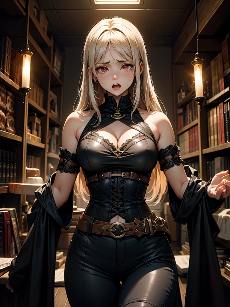 Inside a medieval interrogation room, young sexy elf prisoner, very large breasts, chubby, torn sexy clothing chained around her neck, beautiful women, scared face, blonde hair