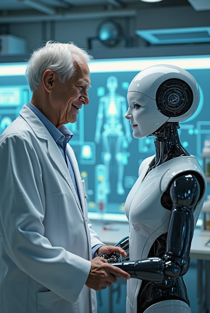 Robot man, Written "IOI" on the arm, and a female robot, Written "IOI" on the arm, and an elderly man in a wheelchair, everyone waving at the camera
