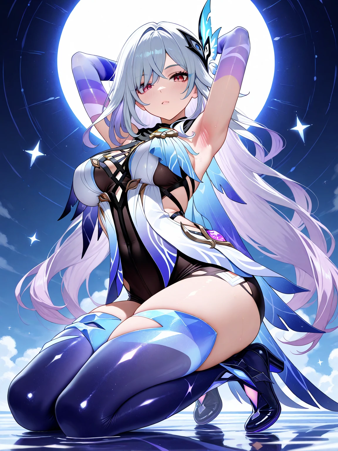 Succubus pose of temptation erotic body cute face attractive face Arm outstretched pose heart mark slight smile eyes are hearts 4-arm charm magic
