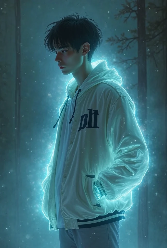 masterpiece, noise reduction, one boy, Best quality, sharp image, permission 8k, sharp image, Just focus, stunning composition, volumetric lighting, super quality, Very detailed, young very thin guy 18 years old, European, pale skin, black curly hair, tired look, grey eyes, bags under the eyes, in a black sweatshirt, headphones on neck, surrounded by scary ghosts