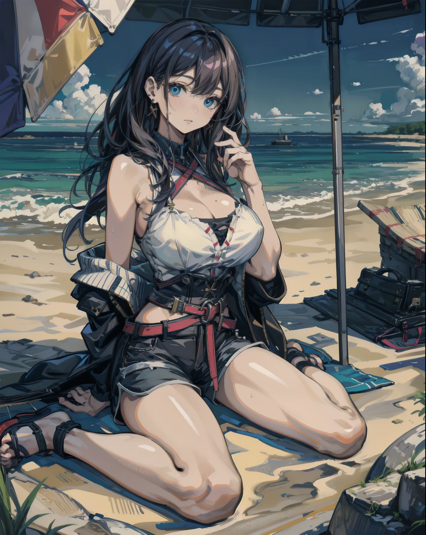 Red bikini anime cat-eared girl sitting on the beach wearing hat, beautiful anime cat-eared girl, Makoto Shinkai and artgerm, charming anime cat-eared girl, (anime girl), Kantai collection style, red bikini,small,Makoto Shinkai art style, beautiful anime cat-eared woman, marine Kitagawa fan art, high quality anime art style, Cute anime girls, 4K manga wallpapers