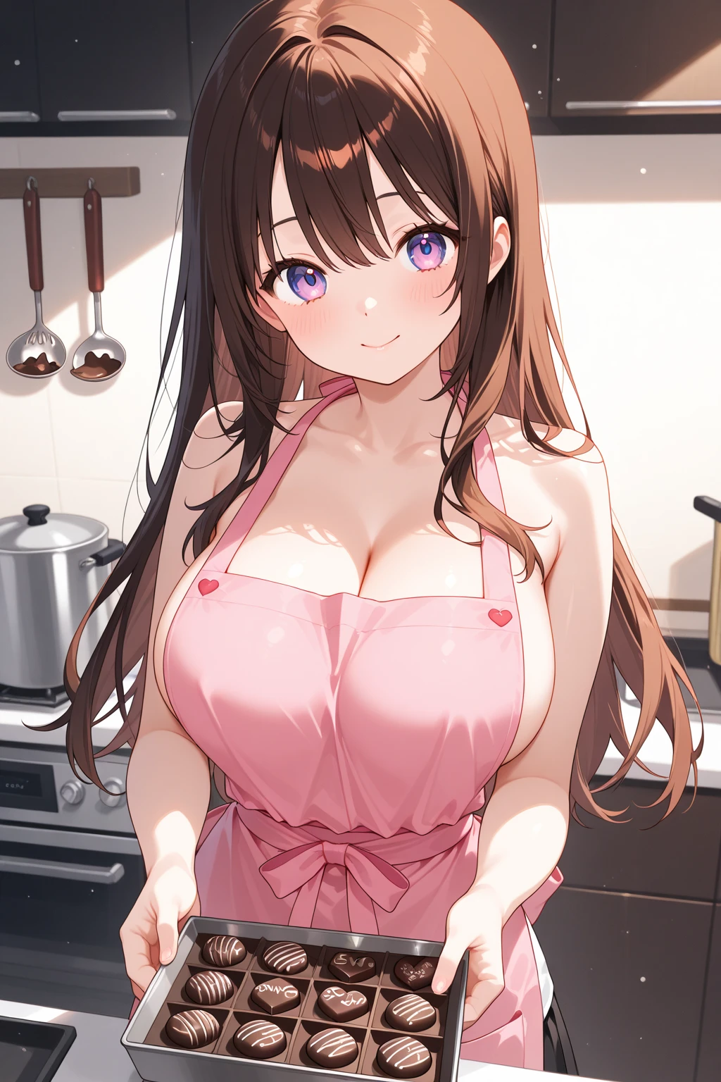 ((Tabletop, highest quality, High resolution, , Pixel Perfect, 4K,))), 1. Beautiful woman, private teacher、The whole body is visible、 ((Mid-wave hair, bangs, Brown Hair)), ((Brown eyes, Beautiful eyelashes, Realistic eyes)), ((Detailed face, Blushing:1.2)), ((Smooth texture:0.75, Realistic texture:0.65, Realistic:1.1, Anime CG Style)), Center of chest, Dynamic Angle, Perfect body, (( , , No bra、Frill apron, 、)), Cooking in the kitchen、、Very embarrassing panic smile, 、Leaning forward、The wind is blowing and my underwear is completely visible、place both hands on the table、、(White and pink floral lace panties)、Angle from below)、