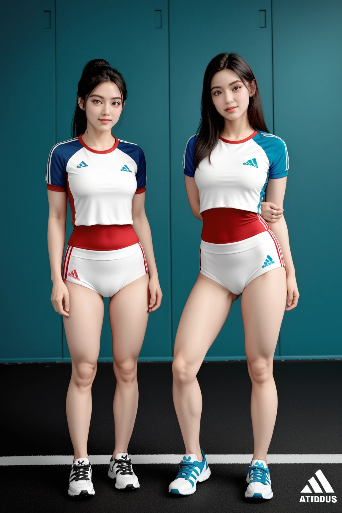 (Solo), (a detailed full-body RAW photo of a girl), (masutepiece:1.0), (Best Quality:1.4), (超A high resolution:1.2), (Photorealistic:1.4), 8K resolution, Canon EOS R5, 50 millimeters, absurderes, ultra-detailliert, (40years old), back focus, Cinematic lighting, Detailed beautiful face, (no-makeup:1.2), (ulzzang -6500-v1.1), petite figure, Detailed skin texture, (flat chest:1.4), (skinny and fit body:1.6), Detailed brown hair,  sweltering,(Very short hair:1.5), See Through wear, (Blue and White Nike Wet Thin Competition Athletic Wear and long sports tights:1.5), More transparent, low rise, realistic glistening skin, Detailed texture, (erect nipples:1.5), dynamic pose, (:0.2), Very small, (Satomi Ishihara:0.6), Cameltoe, well-developed abs, bikini tan,