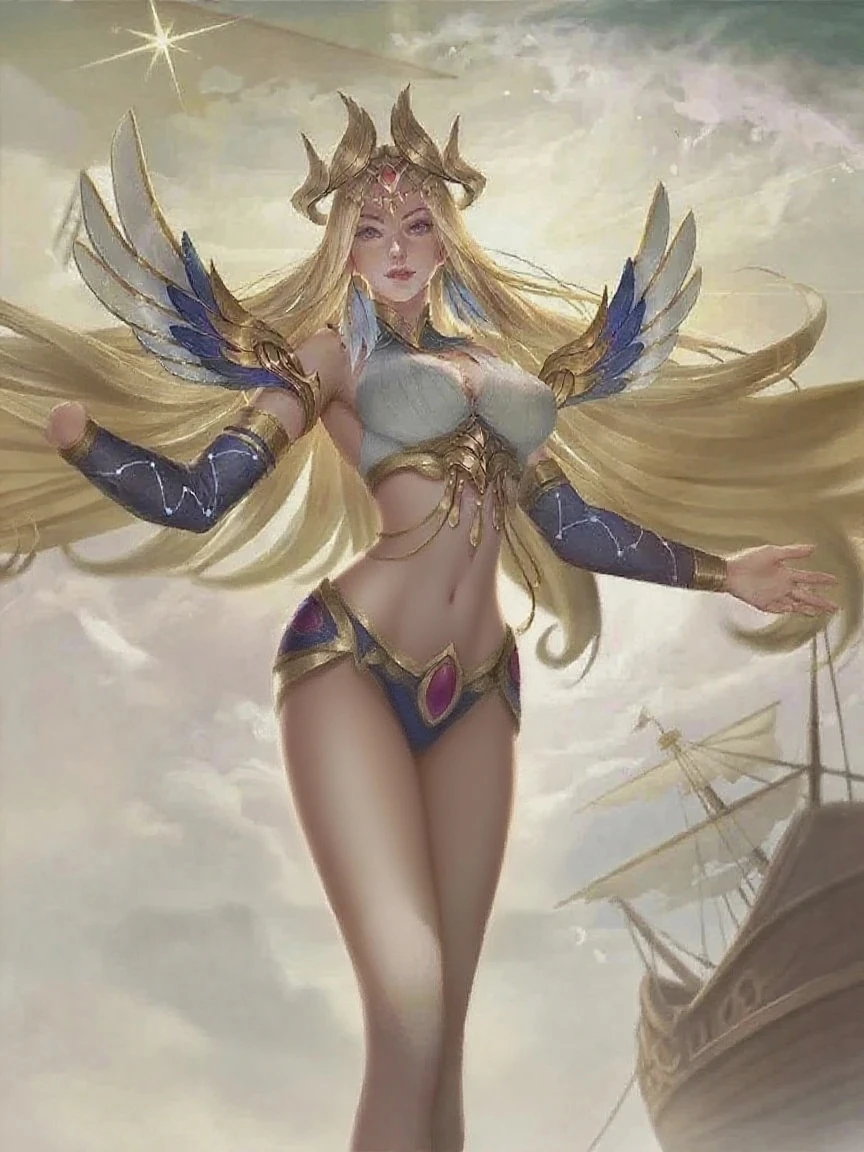 blonde long hair woman，goddess,cleavage，Golden Dragon Horn,Golden dragon scales,Dragon Tail,Thong,,barefoot,whole body，Standing，Mountain Lakes