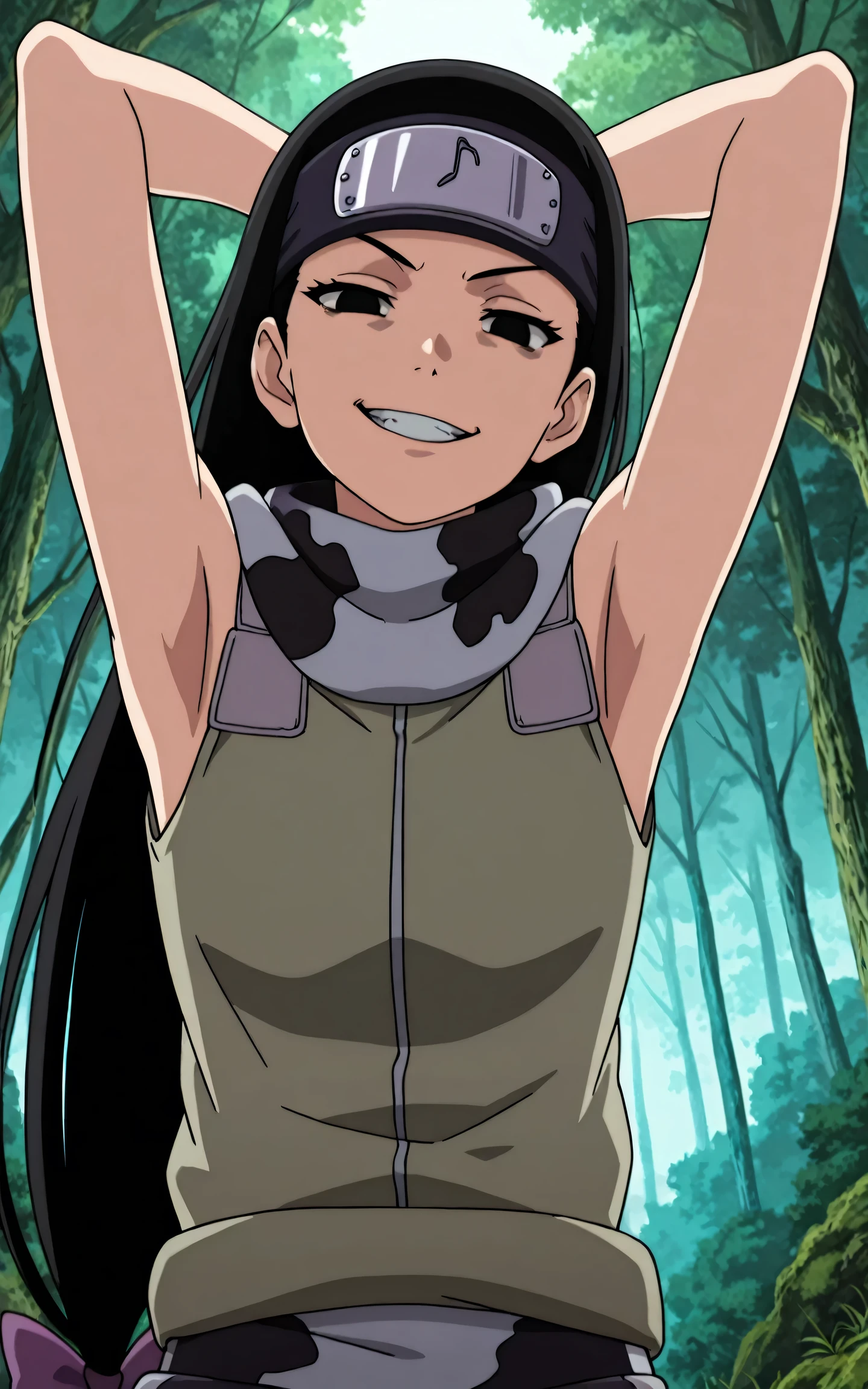 masterpiece, best quality, amazing quality, anime screencap, anime coloring, 1girl, solo, kt1, black hair, long hair, black eyes, hair bow, forehead protector, vest, sleeveless, scarf, arms behind head, armpits, armpits focus, head towards viewer, looking at viewer, direct eye contact, evil smile, grin, teeth, half-closed eyes, confident, outdoors, day, forest