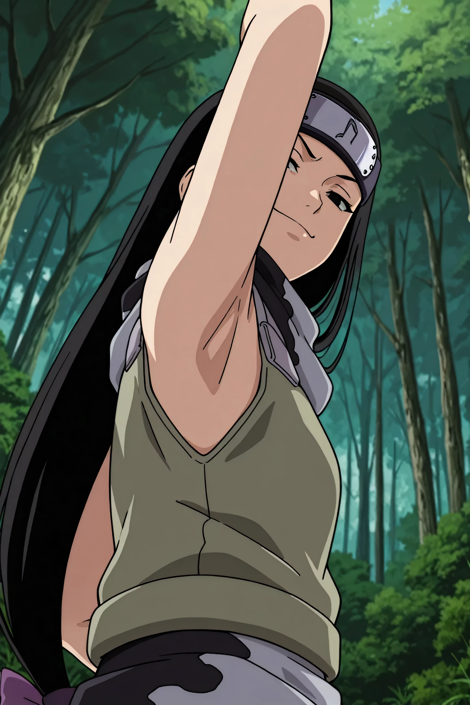 masterpiece, best quality, amazing quality, anime screencap, anime coloring, 1girl, solo, kt1, black hair, long hair, black eyes, hair bow, forehead protector, vest, sleeveless, scarf, arm up, raised arm, armpit, armpit focus, head towards viewer, looking at viewer, direct eye contact, evil smile, smug, closed mouth, half-closed eyes, confident, outdoors, day, forest, from side, from below, from behind