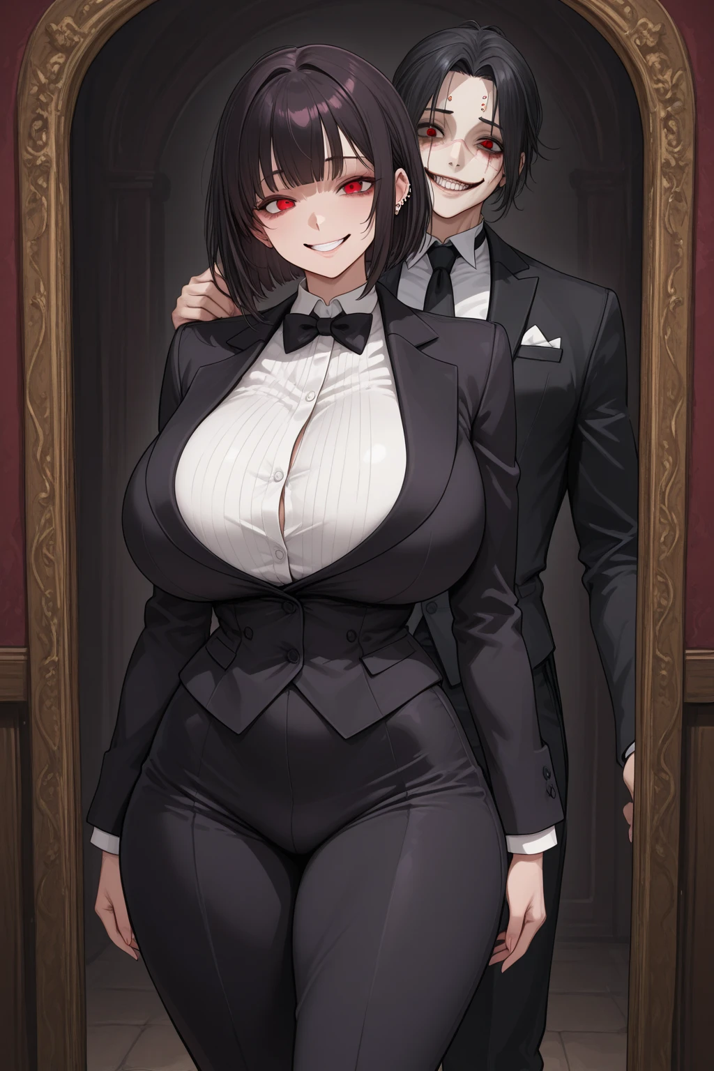 couple, (woman, mature woman, huge cleavage, black dress suit), (man, large muscles, thick, black suit), sitting, mansion interior, masterpiece, best quality, extremely detailed:1.3