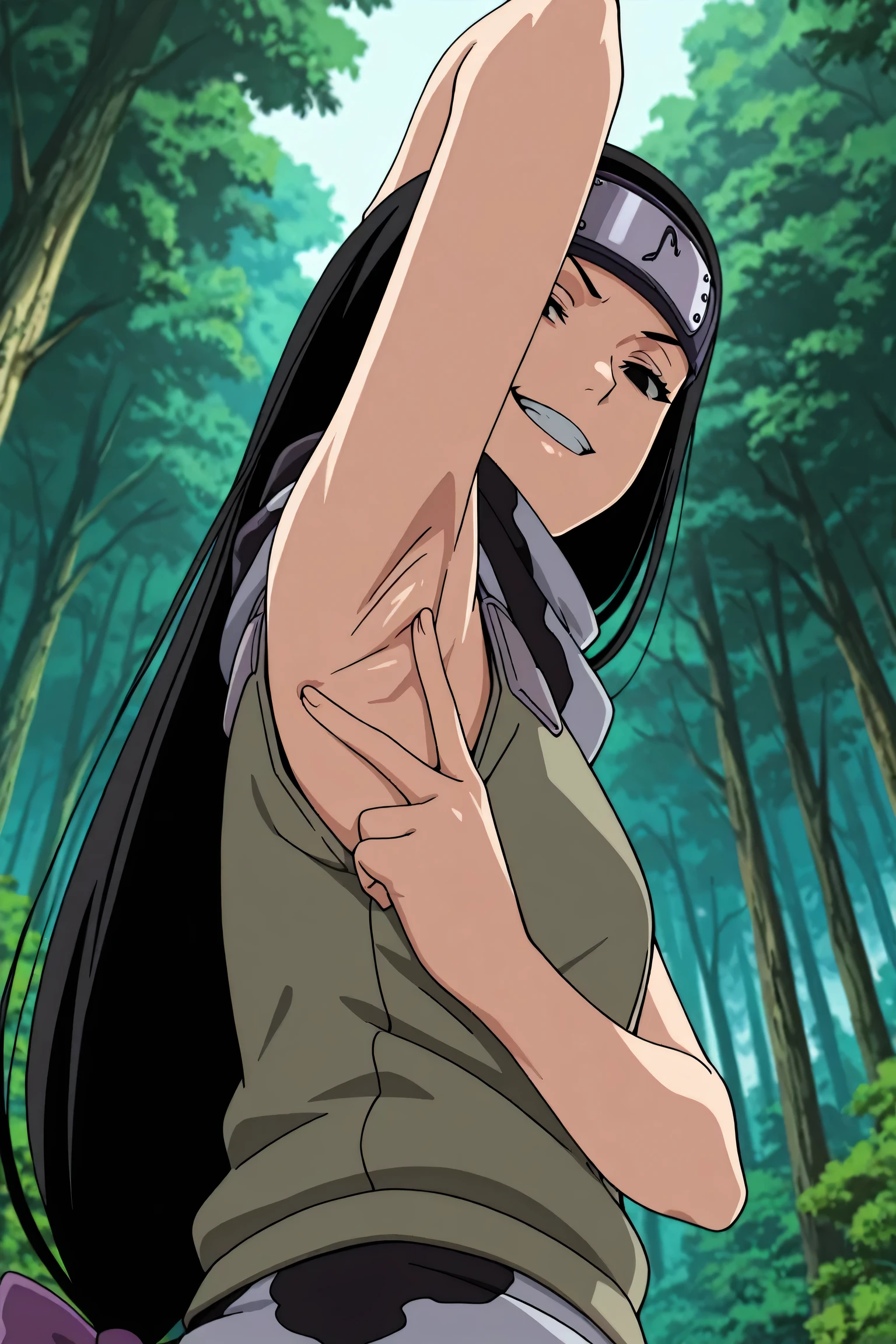 masterpiece, best quality, amazing quality, anime screencap, anime coloring, 1girl, solo, kt1, black hair, long hair, black eyes, hair bow, forehead protector, vest, sleeveless, scarf, arm up, raised arm, armpit, armpit focus, head towards viewer, looking at viewer, direct eye contact, evil smile, grin, teeth, half-closed eyes, confident, outdoors, day, forest, from side, from below, from behind, spread armpit