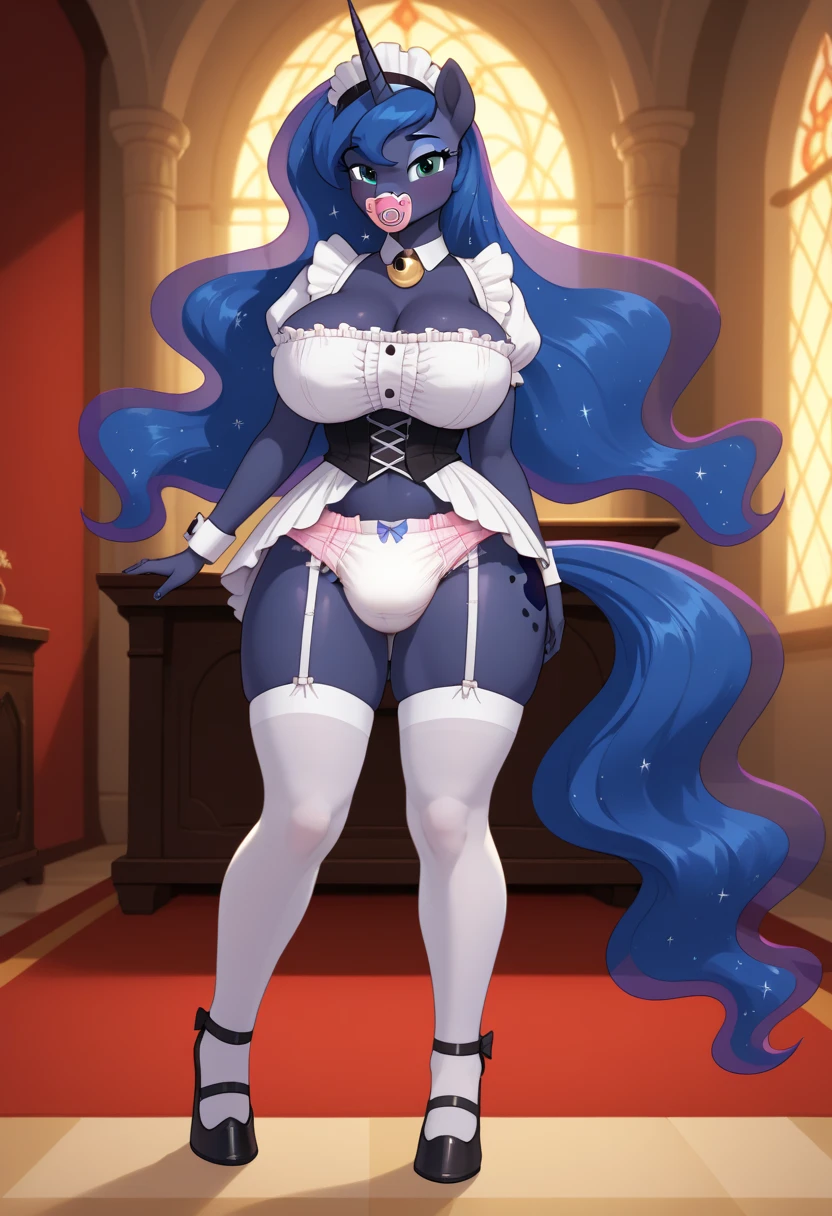 Rarity from the movie "Mlp equestria girls", by address, seductive look, winking, looking at the viewer, bare breasts, backwards, showing her buttocks, from below the knees, In a room, White dress, purple thigh-high stockings, garter in each stocking, sexy purple panty, white skin.