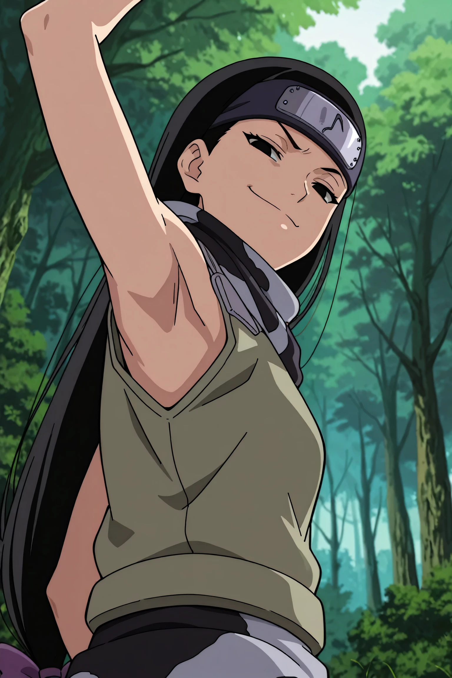 masterpiece, best quality, amazing quality, anime screencap, anime coloring, 1girl, solo, kt1, black hair, long hair, black eyes, hair bow, forehead protector, vest, sleeveless, scarf, arm up, raised arm, armpit, armpit focus, head towards viewer, looking at viewer, direct eye contact, evil smile, smug, closed mouth, half-closed eyes, confident, outdoors, day, forest, from side, from below, from behind