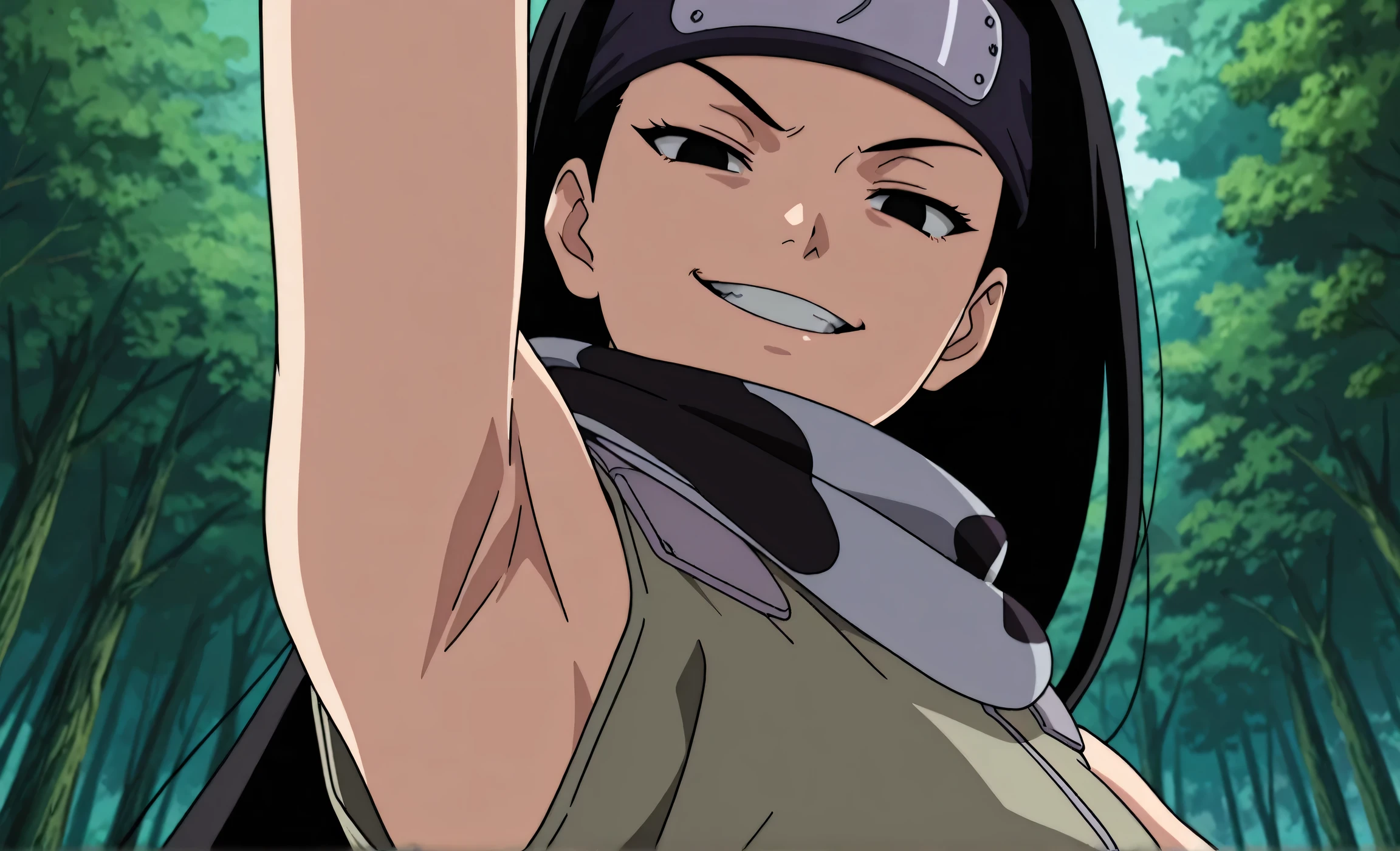 masterpiece, best quality, amazing quality, anime screencap, anime coloring, 1girl, solo, kt1, black hair, long hair, black eyes, forehead protector, vest, sleeveless, scarf, arm up, raised arm, armpit, armpit focus, head towards viewer, looking at viewer, direct eye contact, evil smile, grin, teeth, half-closed eyes, confident, outdoors, day, forest, from side, from below, armpit up close, close-up of armpit