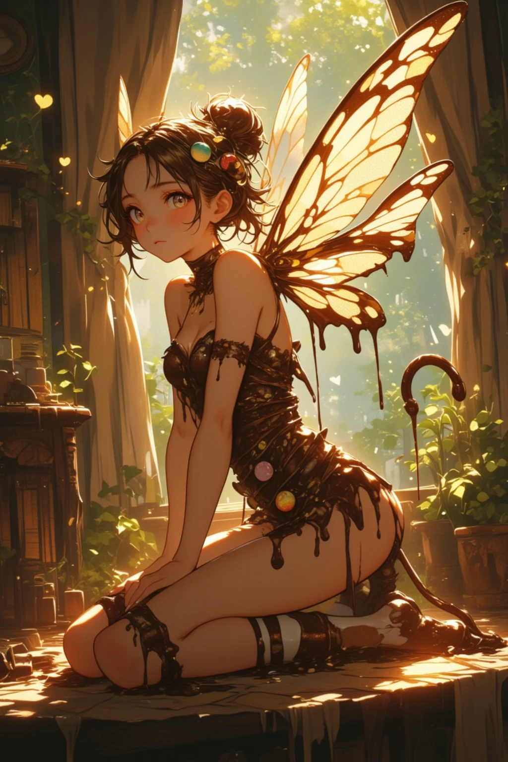 1girl, ((moth antennae)), solo, ((moth)), ((arthropod girl)), ((moth wings)), medium hair, difficult design, jungle style, fashion, monster girl, summer clothes, water effect, green plants, jungle, nature, scenery, ((official art)), ((concept art)), ((reference)), ((multiple pictures)), ((chibi)), white background