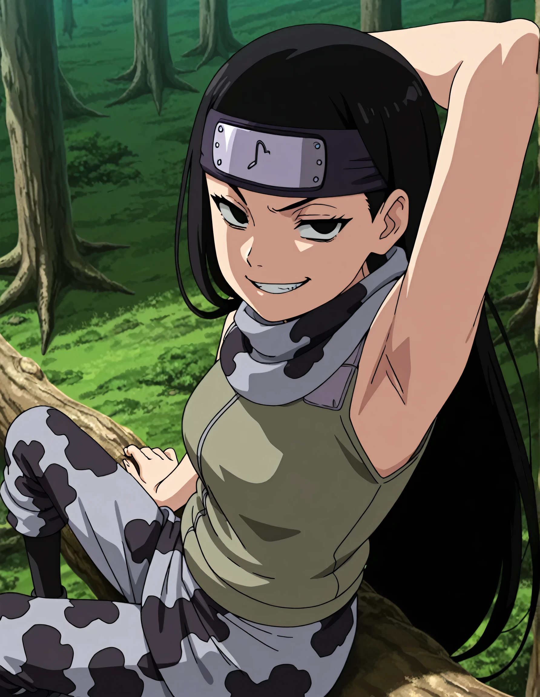 masterpiece, best quality, amazing quality, anime screencap, anime coloring, 1girl, solo, kt1, black hair, long hair, black eyes, forehead protector, vest, sleeveless, scarf, arm on own head, armpit, armpit focus, head towards viewer, looking at viewer, direct eye contact, evil smile, grin, teeth, half-closed eyes, confident, outdoors, day, forest, from side, from above, sitting on a giant tree branch, camouflage pants, camouflage skirt,