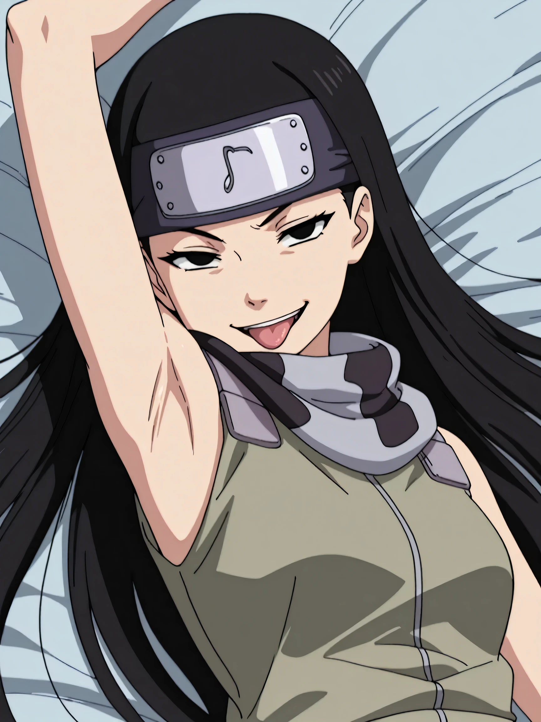 masterpiece, best quality, amazing quality, anime screencap, anime coloring, 1girl, solo, kt1, black hair, long hair, black eyes, forehead protector, vest, sleeveless, scarf, arm up, raised arm, armpit, armpit focus, head towards viewer, looking at viewer, direct eye contact, evil smile, half-closed eyes, confident, lying in bed, open mouth, tongue out, licking own armpit