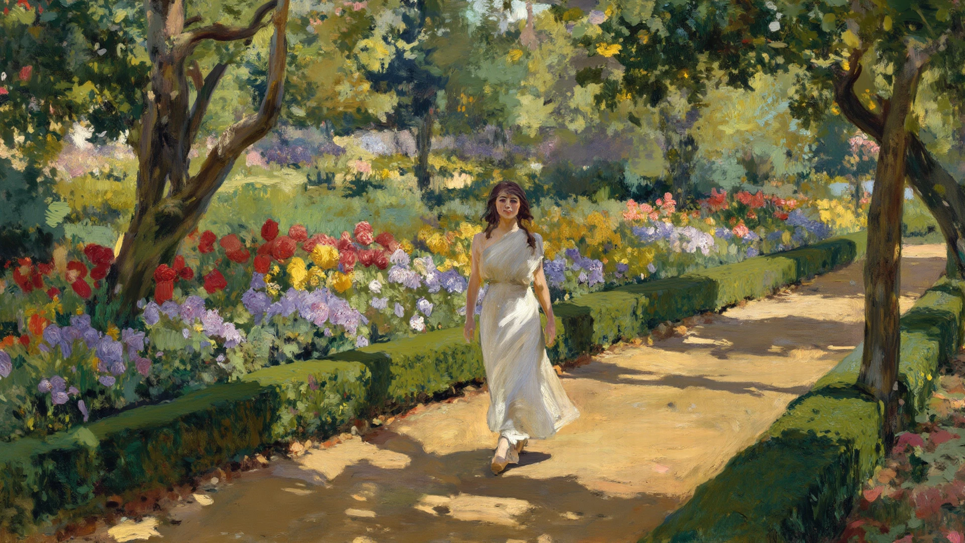 Image of a naked woman, portrayed in a lush oil painting style with dynamic, rich strokes and a palpable thickness of paint evoking a sense of movement, set against a beautifully rendered vineyard bathed in golden sunlight. The composition merges historical elegance with contemporary sensuality, emphasizing the graceful curves and form of the body, while the background features sprawling grapevines and soft hills that add depth and warmth, creating an inviting and harmonious atmosphere.