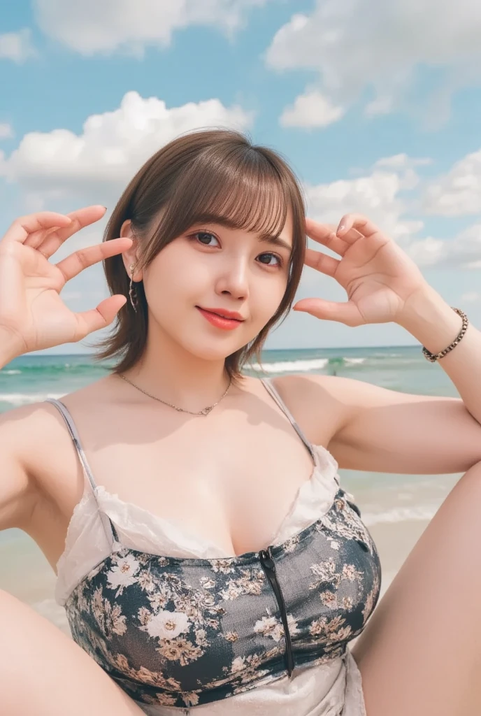 table top, highest quality, figure, super detailed, finely, High resolution, 8k wallpaper, 完璧なダイナミックな構figure, beautiful and fine eyes,She's a Gal,,blonde, random cute hairstyles, super big breasts, natural color lip,beach, random cute poses,heavy makeup