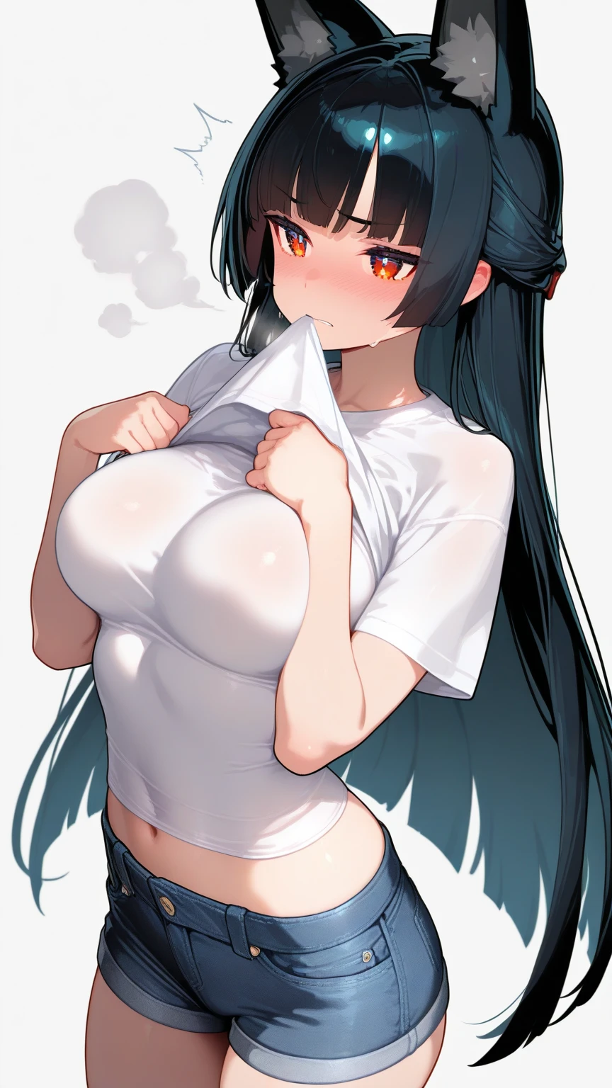 masterpiece:1.2, 1women, (Made in Abyss anime character), ((Ozen)), (30yers old), (best quality), (real picture, intricate details, depth of field), highly-detailed, perfect face, (eyes closed, kind smile), (huge breasts:1.3), attractive waist, tall, toned abdomen, (black and white square hair:1.2), sexy, Disproportional tits, hanging breasts, ((women is wearing dressed in short high denim shorts and a white loose T-shirt)), (T-shirt tucked into shorts), (she wears an ivory cap on her head), hands raised, adjusting her headdress,