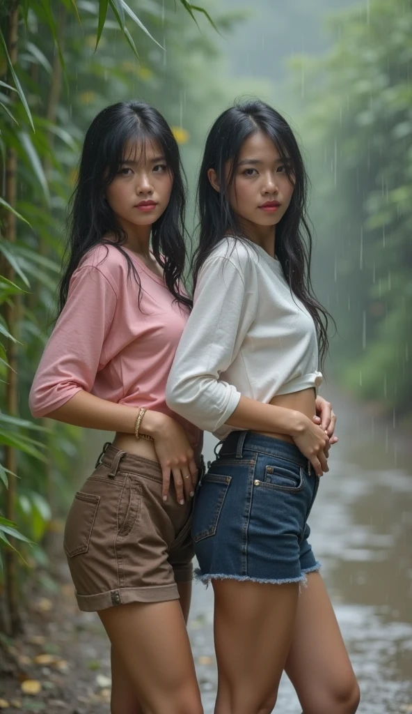 masterpiece, best quality, 2girls, (closeup:1.5), 18yo teen, slim, small breast, side view, walk knee-deep in water, sad, tired, dirty face, green raincoat, (backpacks), heavy rain, downpour, flood, wasteland, train station, industrial ruins, grey, desolate, rain, dark, watercolor, analog, ((open coan:1.4)), ((topless:1.3))