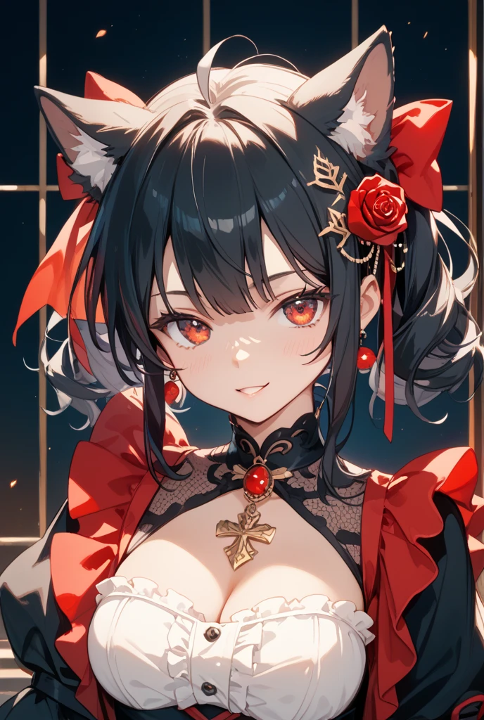 *8k Masterpiece, Top Quality, Best Quality, Official Art, (Beauty and Aesthetics: 1.3), Extremely Detailed, (Fractal Art: 1.3), Black hair. red eyes. Juicy lips with a smirk. cat ears. sexy pose. black dress. big chest