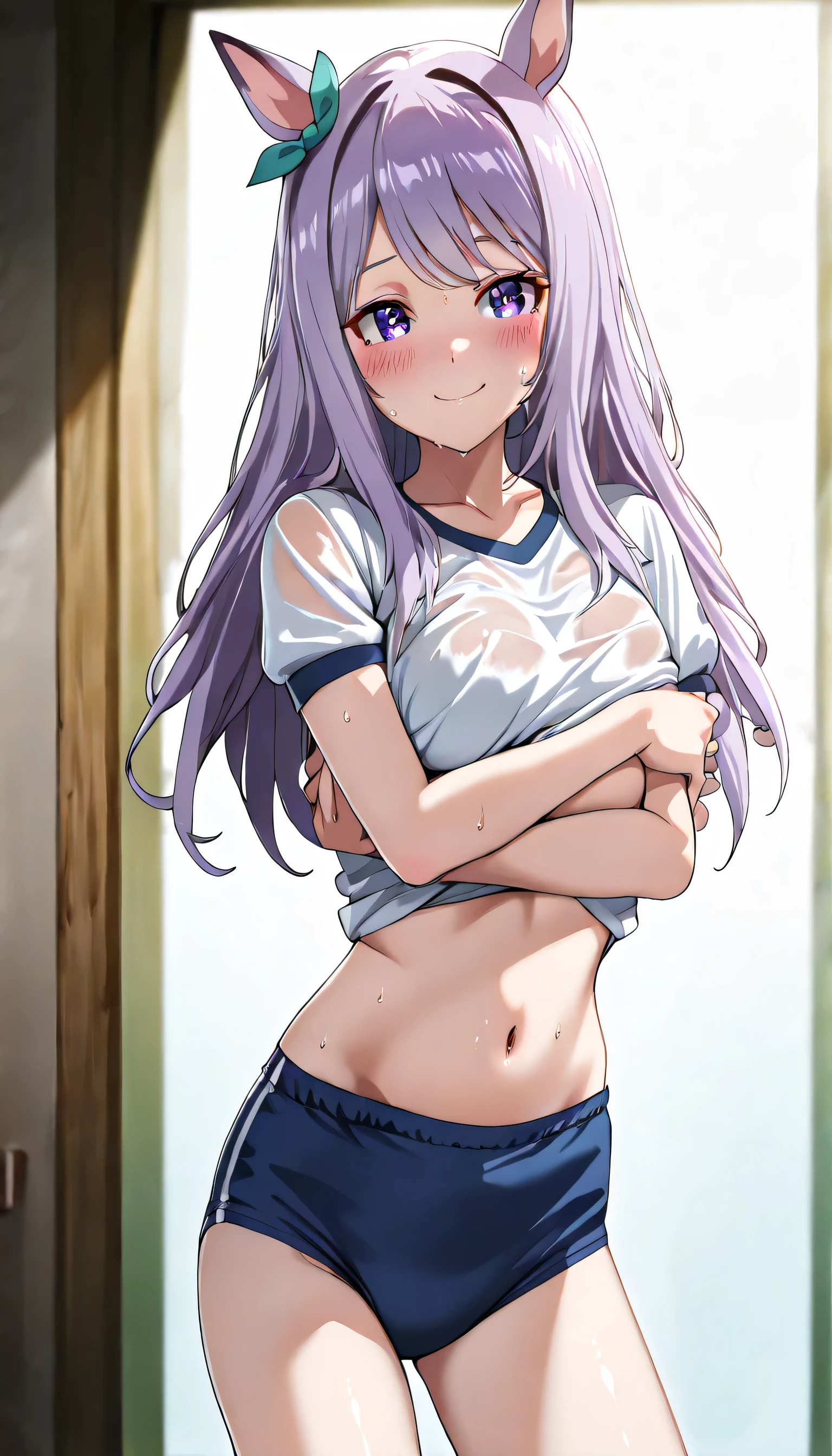 ((ultra-detailed)), (highly detailed CG illustration), (best quality:1.2), ultra-highly detailed, colorful composition, artistic photoshoot, 1girl, solo focus, cowboy shot, moe anime character, girl, dainty facial structure, round face, rounded chin:1.2, short height,  mmacqueen,long hair,purple hair,horse girl,purple eyes, small breasts, mmelegance, green ear ribbon, white short sleeve gym uniform with Navy blue rim:1.3, navy blue school gym buruma, sweat:1.2, wet clothes:1.2, smile:1.3, blush:1.3, reached arm, Standing at the racetrackl:1.3, from front:1.2, dynamic pose, contrapposto pose:1.3, best quality, expecting, pink cheek, blush, light pink gloss slip, portrait, depth of field, sparkling sunlight, lighting, backlighting, shine, lighting, caustics, ray tracing, perfect face, lustrous skin, highly detailed face, highly detailed eyes, perfect face, perfect nose, perfect hair, perfect eyes, perfect anatomy, beautiful hair, beautiful small face, extremely detailed face, beautiful detailed eyes, beautiful clavicle, beautiful body, beautiful breasts, leavage, breasts squeezed together, equalize the size of the left and right breasts, beautiful thin thighs, beautiful legs, beautiful fingers, (4 fingers), 1 thumb, lovely, (very detailed background:1.0), (highly detailed background:1.0), summer aesthetic, intricate details, festival atmosphere, summer colors palette, chromatic aberration