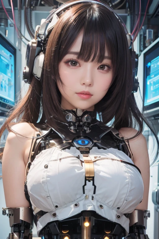 (((​masterpiece)))、((top-quality))、(The ultra-detailliert)、8K、(Very noble and beautiful))、Cinematic Light、((1 Mechanical Girl))、Looking here、White ceramic body、a purple eye、Colossal tits、The cleavage is visible、Single、(Mechanical joint:1.4)、((Mechanical limb))、(Blood vessels attached to tubes)、((Mechanical spine attached to the back))、((Mechanical cervical vertebrae attached to neck))、(Wires and cables attached to the head and body:1.5)、 neon details、scientific fiction、cowboy  shot、The background is Cyberpunk City、