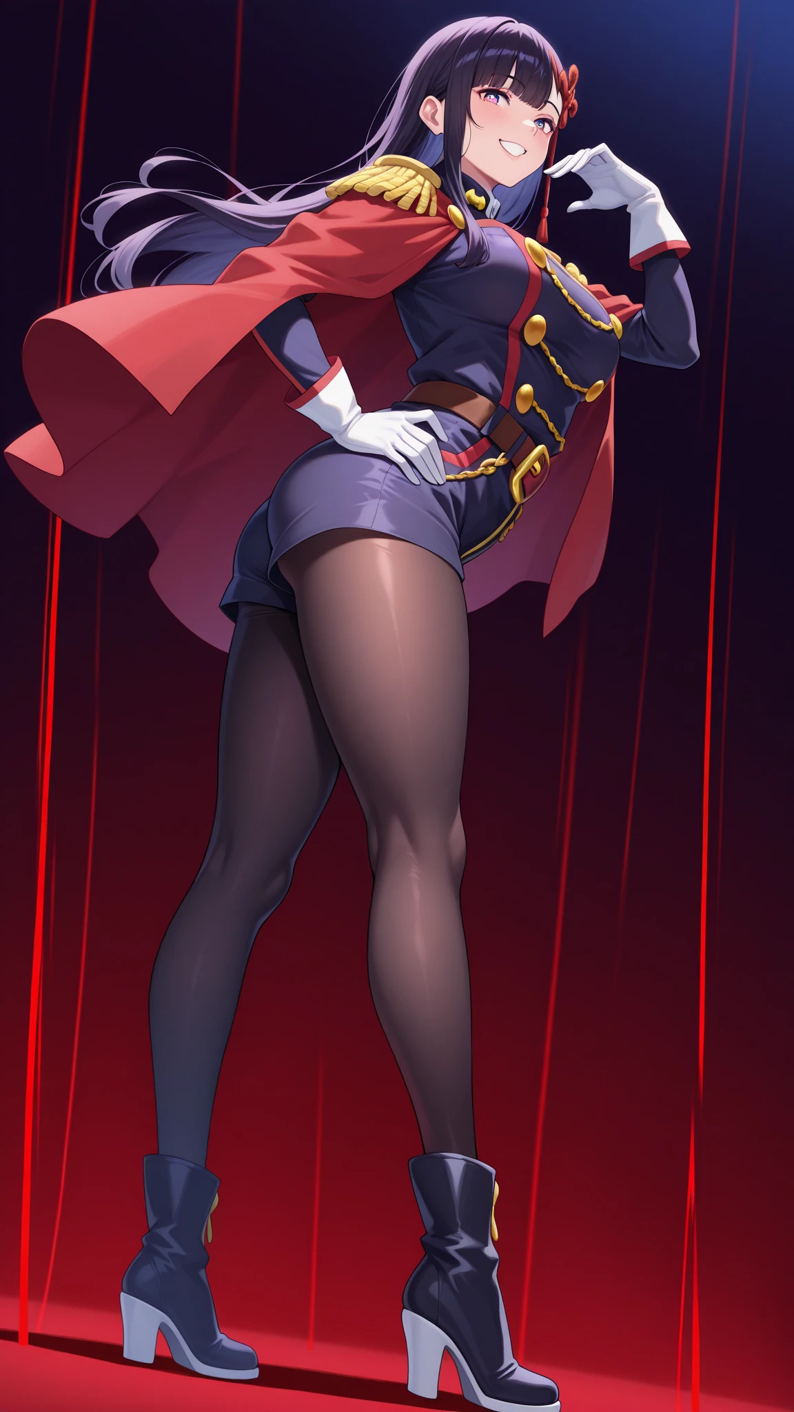 (masterpiece, best quality:1.2), 1girl, solo, Sonata, vampire, purple hair, fight , white leggings with under neck boots