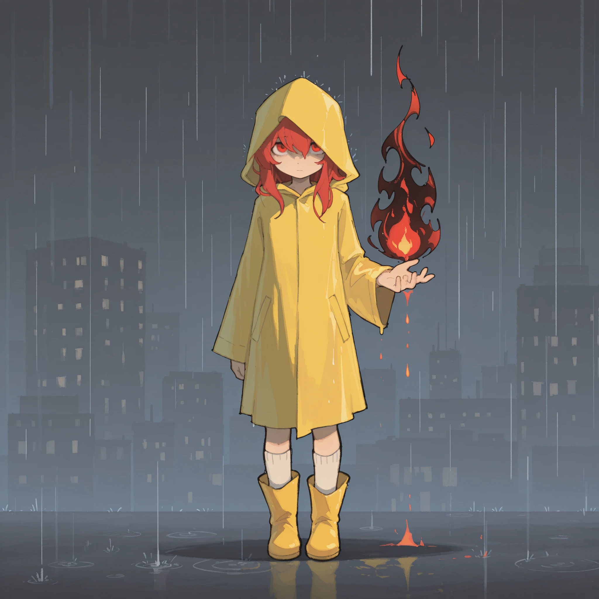 masterpiece, Ultra-HD, impressionism, High detail, best quality, very aesthetic, 8K, best quality, beautiful, Change of tmchng , 1girl, Alone, long red hair, shadow over eyes, red eyes, petite, yellow raincoat, Hood on, yellow boots, white long Socks, expressionless, holding magic, Black flames, standing, full body, looking at viewer, city background, drizzle, raining, gray, Sad, rain, from the front view