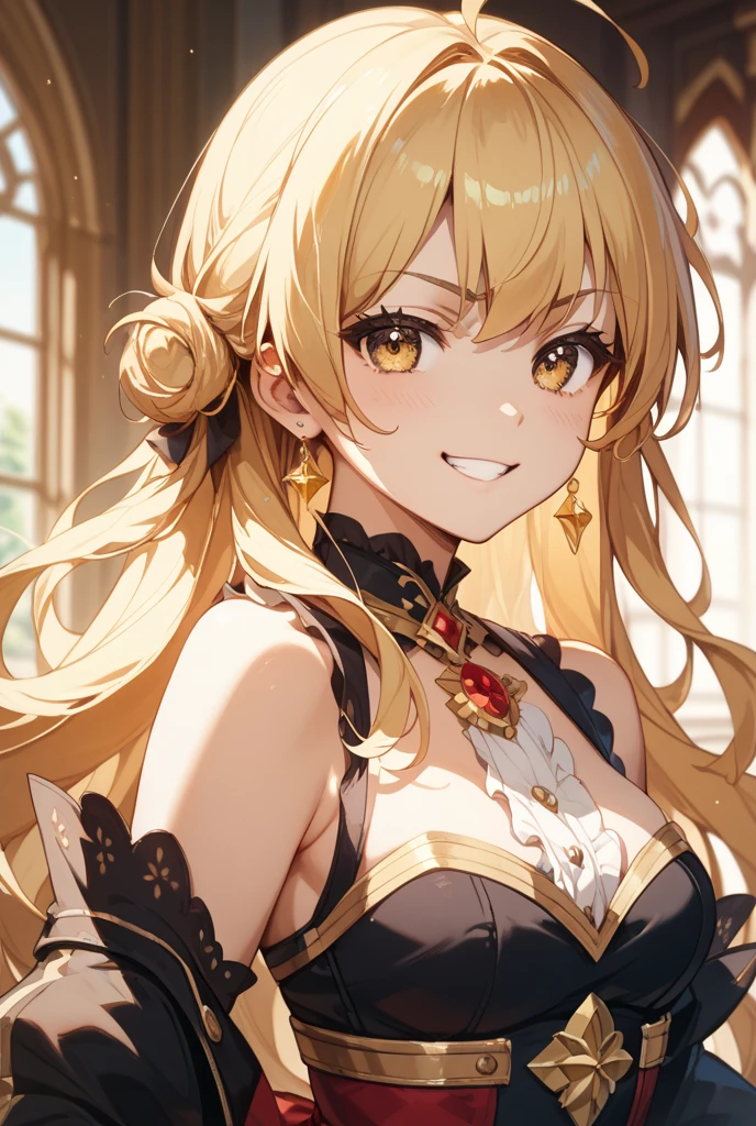 palace ball,huge party venue,aristocratic dinner party,Standing Party(The stars and moon shine outside the large lattice window.),Long hair with soft volume),lightbrown hair,(Red rose hair ornament),((Luxurious dress with wide open chest)),(A yellow dress that shines golden in the moonlight),((The hem of the dress is long enough to reach the ground.)),(yellow rose flower decoration on dress),((Fluffy dress with plenty of volume)),Dance Party,Slightly red tide,Smiling kindly,Kamimei,((Gesture of greeting by holding the hem of the dress)),((close up)),