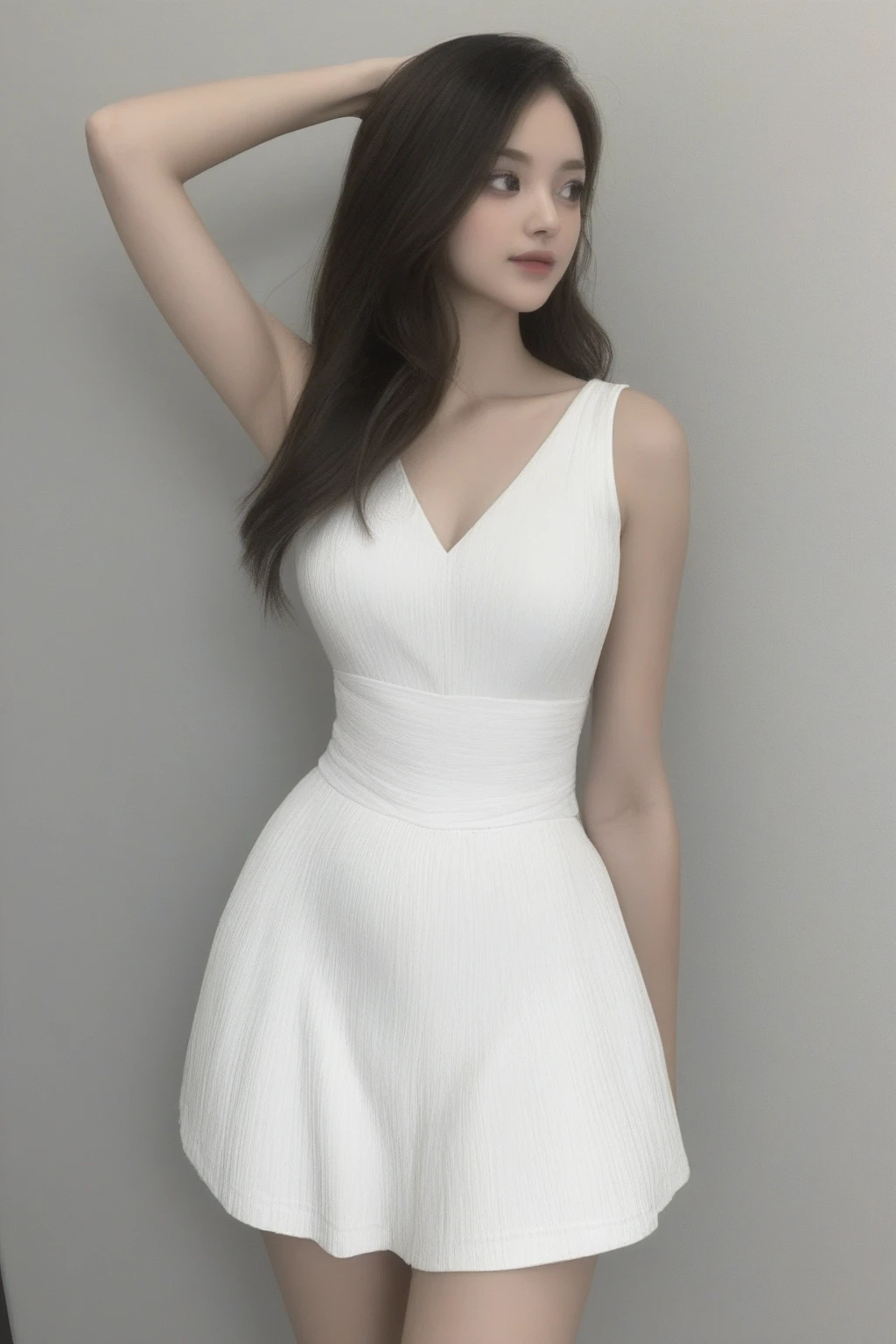 (masterpiece), thin, white skin, (Big Breasts, Long Straight Hair) ((Emma Watson)), (Red slit Dress), ((fist raised up, happy face, white background)), (Top quality, 4k, 8K, high resolution, Masterpiece: 1.2), Super detail, (realistic, photo realistic, photo-realistic: 1.37)