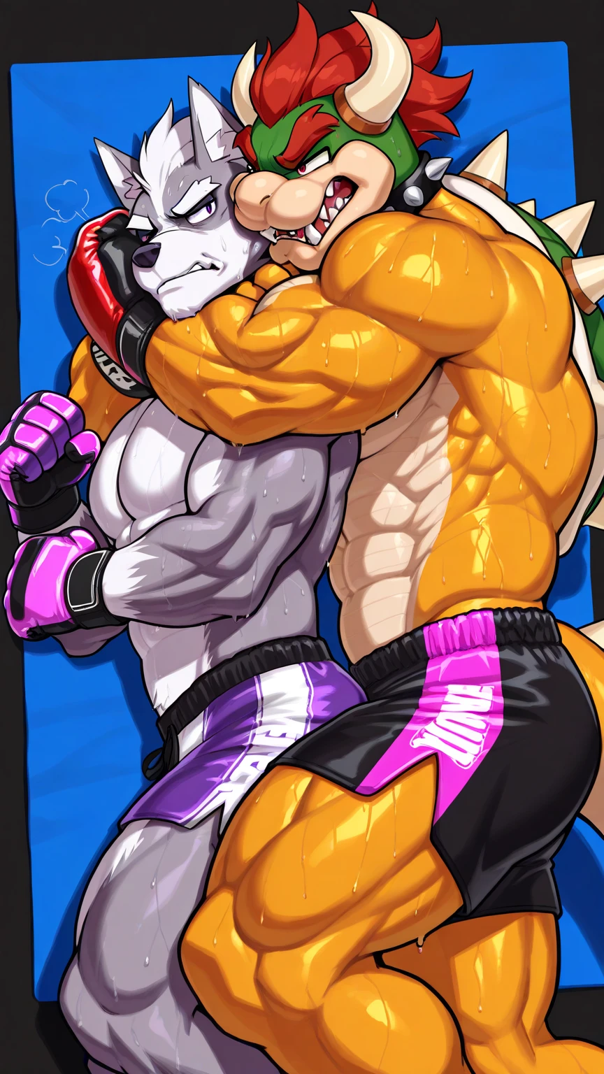 Duo male(Brown Kangaroo vs Green Gator, handsomes, perfect eyes, Thick eyebrows), gay(Cuddling, embraced, lying down, fighting, legs around hips, full body frottage, in a bed match), hot(Shirtless), handsomes(They are handsomes, correct anatomy), musculosos(Big muscle bodies, Six packs, muscle abs, big pecs, muscle backs), sweaty(very sweaty wet bodies, shiny sweat), tatuajes(they have tattoos), Angry(They have an angry expression), UFC gloves(They both are wearing black UFC gloves), boxers(They both are wearing black UFC boxers), Hight resolution
