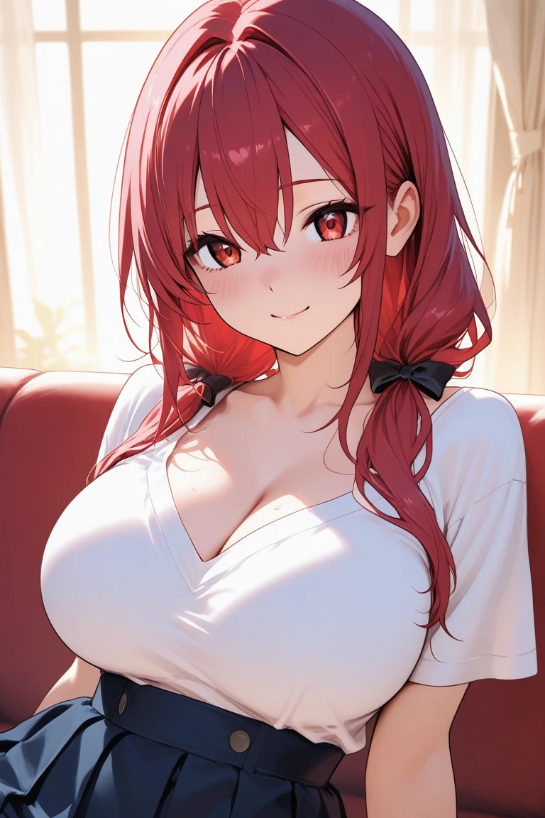The best masterpiece、high resolution、Wolf Girl, Large Breasts, Voluminous, messy, light red hair, masterpiece , Red eyes, hd, Head to Chest, Put in your chest、 tooth、Double teeth,, On the bed、Thick thighs、Grinning、Knitted sports bra、、Big Tits、Open your mouth、Jacket、