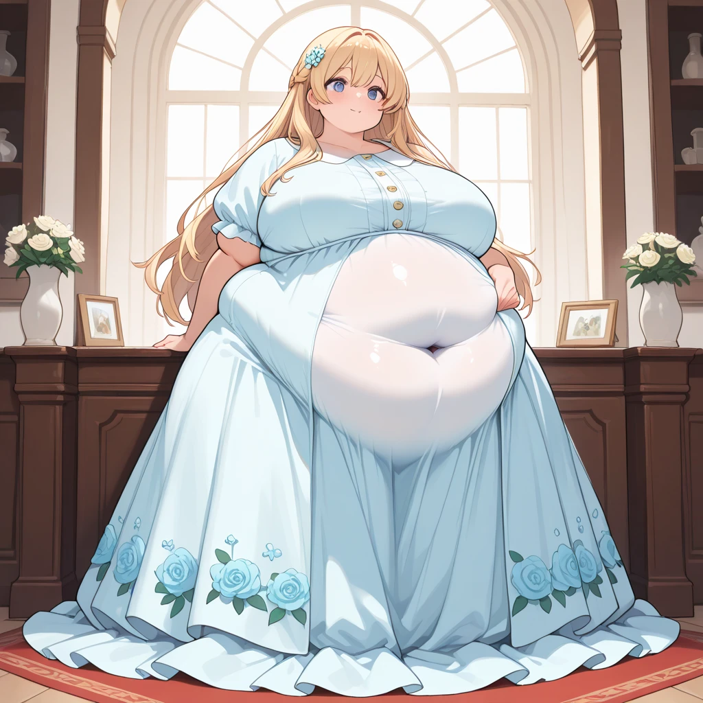 have large breastsアニメの女の子が大きな胸でベッドに座っている, thick, , She has a plump, round belly, tits, have large breasts, Cute girl anime visuals, Enchanting anime girl, tits proportions, Naughty, Long Hair Anime Girl, Smooth anime CG art, Her belly is fat and round