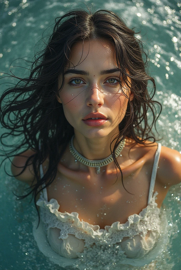 face of a woman coming out of the water in a white tunic with a wet face and only part of her face visible