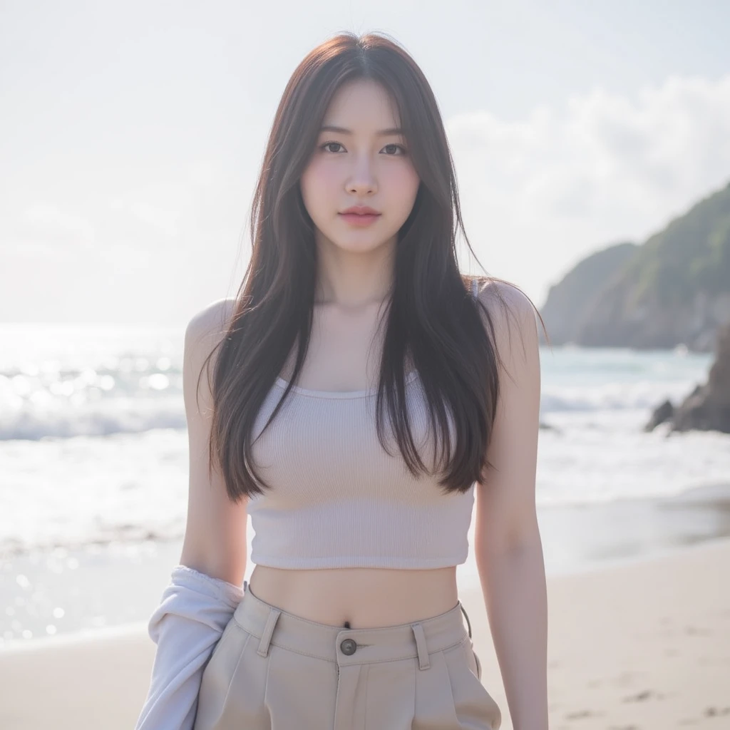 Best Quality, Masterpiece, Ultra High Resolution, (Realistic: 1.4), Original Photo, Official Art, Wallpaper, Bust Photo, Skin, Simple Background, Black Eyes, Details, Fingers, 1 Girl,,White Shirt,Belly Navel,Ragged Jean Shorts,Breeze,Sunlight,Water Mist,Studio light,