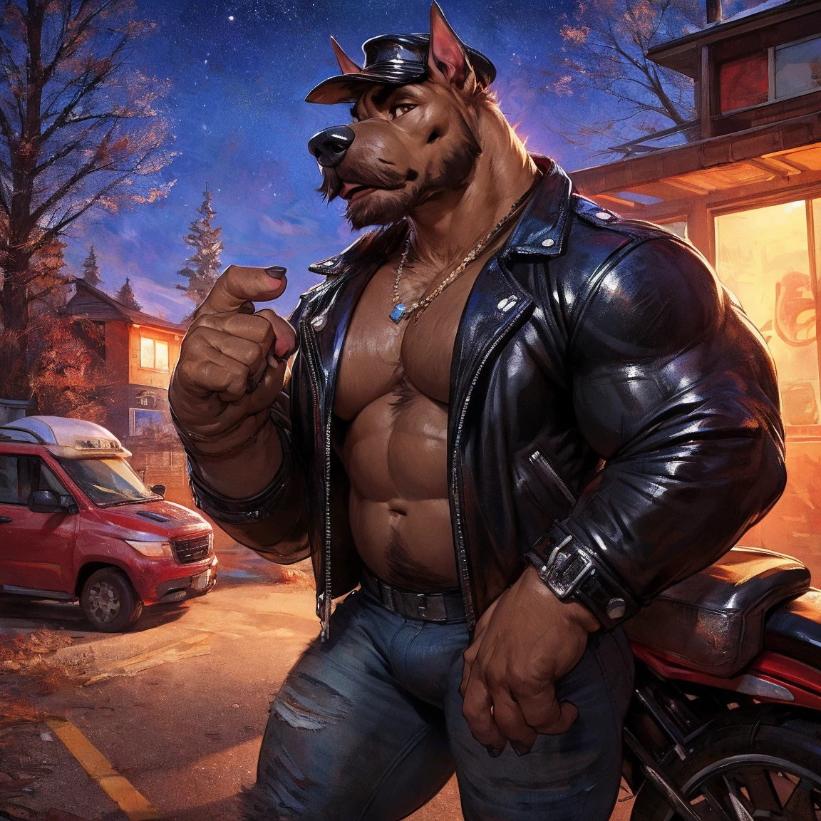 Solo, male, medium muscular, german shepherd, dog, biker, shirtless, leather vest, blue jeans, leather chest harness, gun holster, leather fingerless gloves, fingerless gloves, workboots, boots, cigar, cigar in mouth, nipple piercing ((focus body, furry focus, shades focus, body shades)) nice body, standing, motorcycle, posing, one arm raised, flexing one arm, exposed right armpit, armpit hair, groping bulge, left hand on bulge, touching crotch, model, light, shades, 4k, high quality (((biker bar background, outside))), by darkgem, by mystikfox61