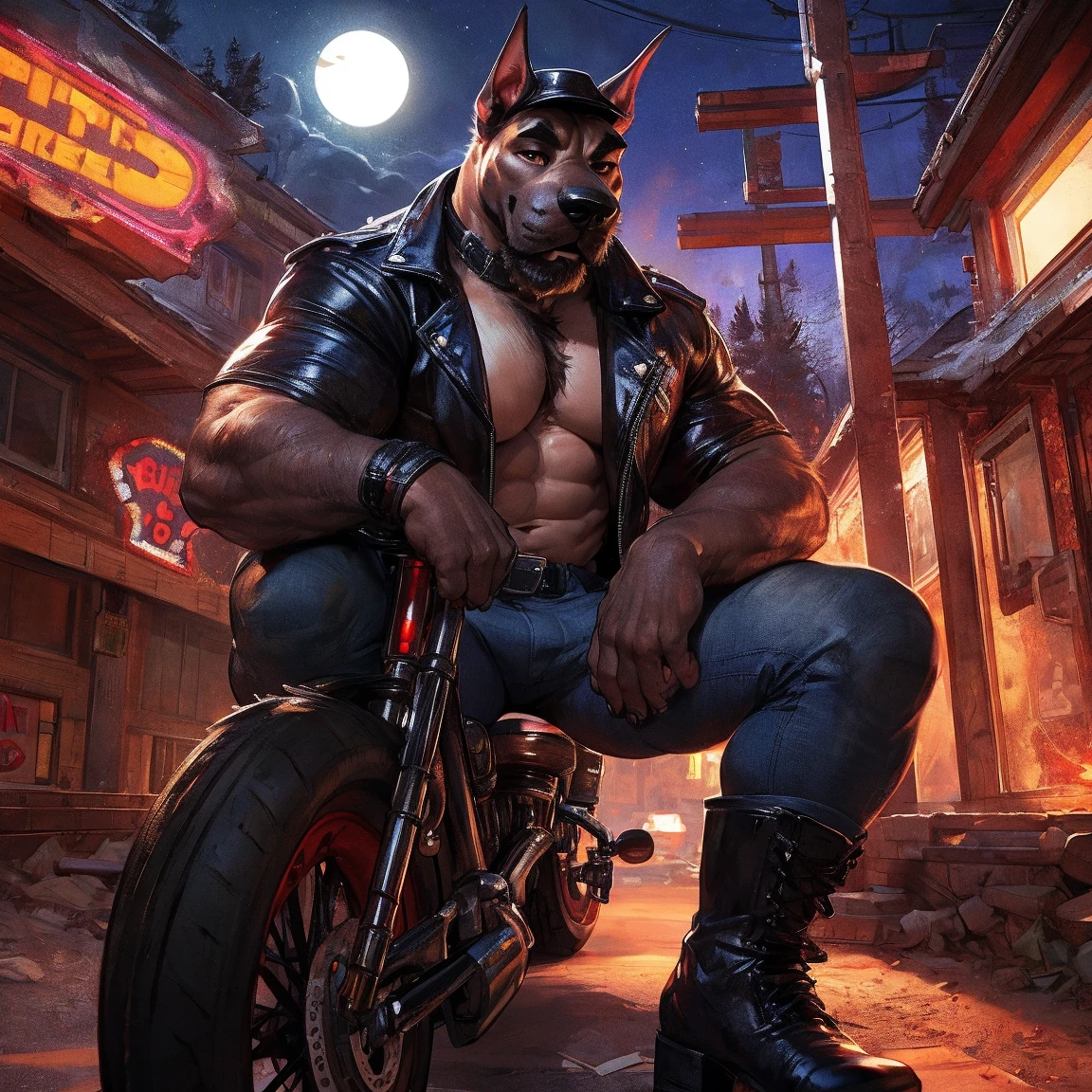 Solo, male, medium muscular, german shepherd, dog, biker, shirtless, leather vest, blue jeans, leather chest harness, gun holster, gun,leather fingerless gloves, fingerless gloves, workboots, boots, cigar, cigar in mouth, nipple piercing ((focus body, furry focus, shades focus, body shades)) nice body, standing, motorcycle, posing, one arm raised, flexing one arm, exposed right armpit, armpit hair, bulge, groping bulge, left hand on bulge, touching crotch, model, light, shades, 4k, high quality (((biker bar background, outside))), by darkgem, by mystikfox61