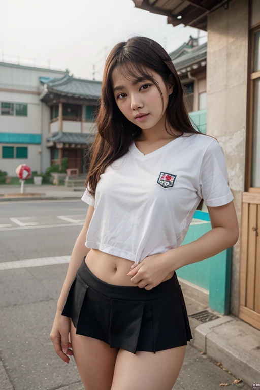 ((korean idol)) ,((beautiful face)), ((high detail face)),1girl,best quality,8K,cinematic lighting,ultra HD,masterpiece,ultra high res,(photorealistic:1.2),extremely high quality RAW photograph, beautiful scenary, under garment.graphic t-shirts, short leggings