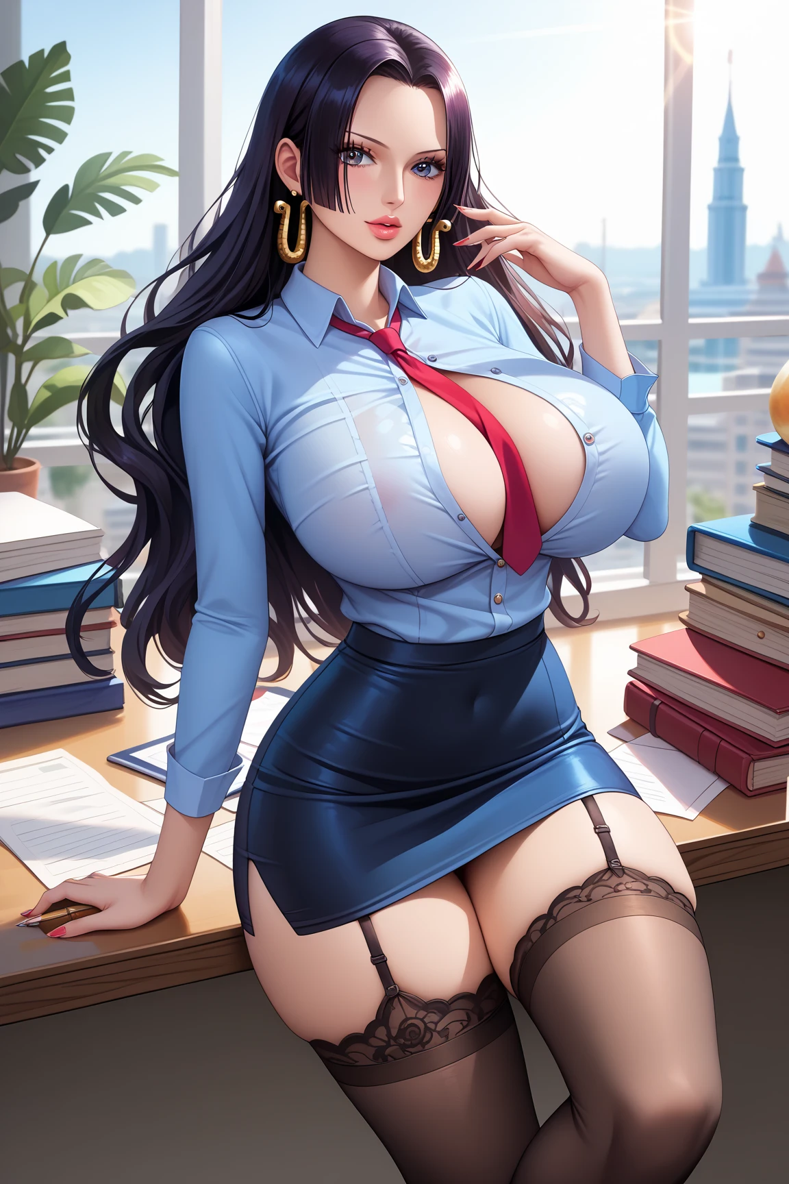 hi res, masterpiece, 8k, nsfw, 1 milf, mature teacher woman, sexy curvy body, gigantic tits, huge ass, long black curly hair, purple eyes, sexual desire face, pleading face, reddened face, mouth open, (licking the tip of a ballpoint pen: 1.3), sexy white unbuttoned shirt, sexy black mini skirt, lace black stockings, lace black sheer panties, black eyeglasses, teacher faculty room, her legs spread wide, sit on a chair, a huge pile of sheets on the desk in front of her, a windows with a beautiful city landscape, sunset, looking at viewer with sexual desire, from below view