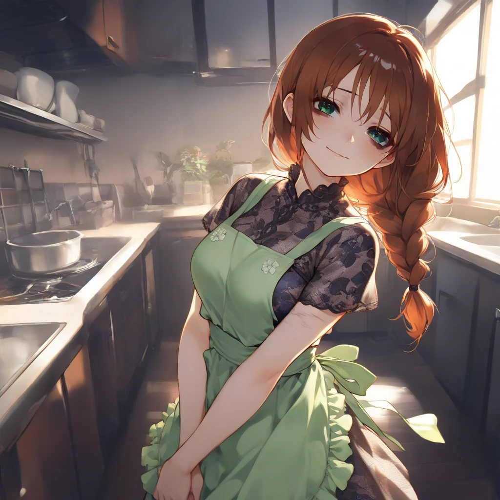 (a baby  girle, kitchen, sunny day, orange sundress, RAW, UHD, 8K, close up portrait:19.16, head, highly detailed face, stunning eyes, orange short hair, back towards camera, wet clothes, vibrant colors, warm sunlight)