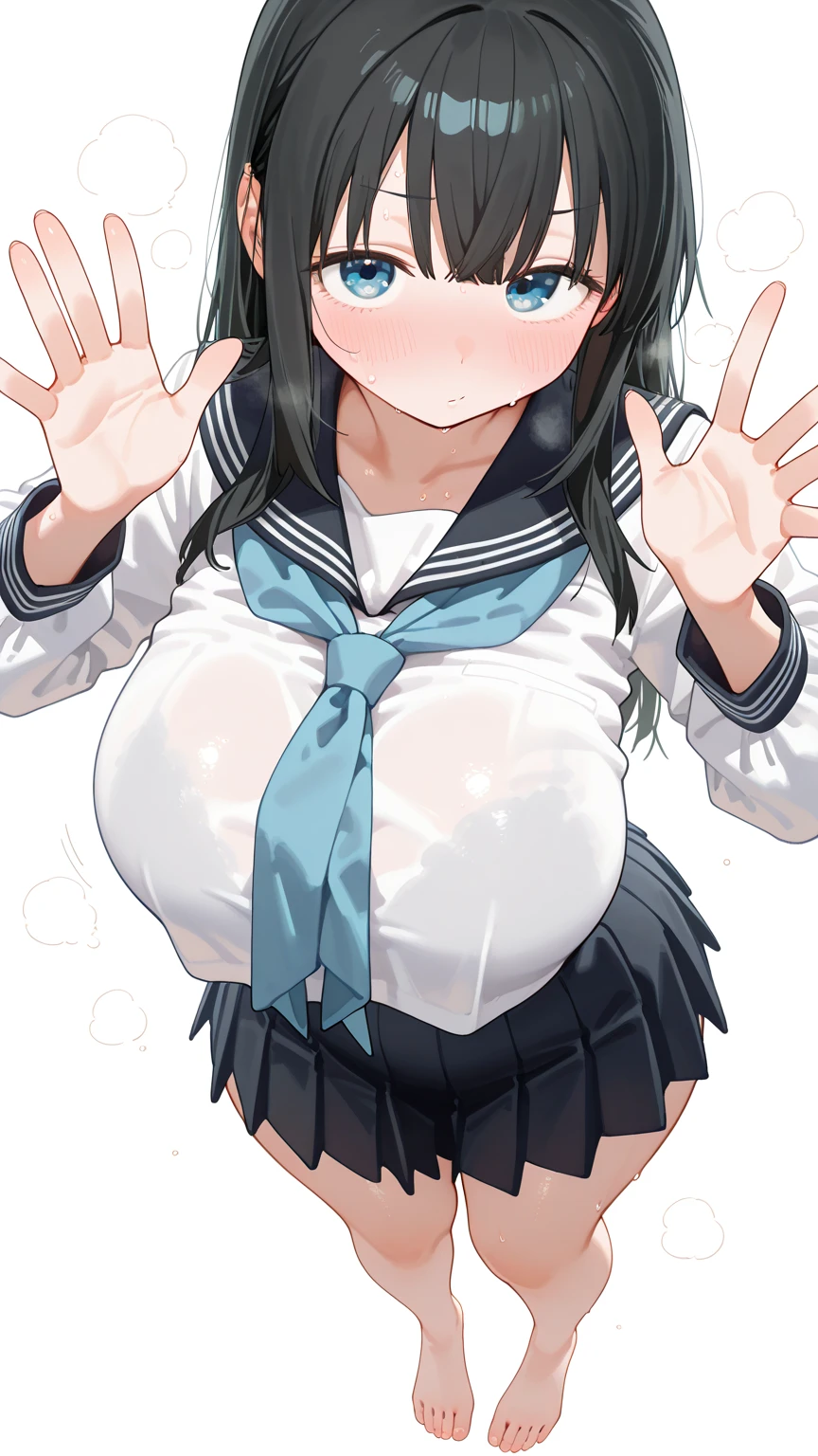 (best quality), (Super detailed), (Best Illustration), (masterpiece), score_9, score_8_up, score_7_up, 4k, (nsfw), high contrast, upper body, (1woman), (solo:1.2),{(white serafuku), (bra lift), (show off breast:1.2), (show off nipples:1.2)}, (large breasts:1.2), {brown hair, (sideburns), (bob cut:1.3), curly hair, hairs between eyes, colored inner hair}, {(detailed eyes), blue eyes}, earring, embarrassed, nose blush, sweat, wind, (white background:1.2),